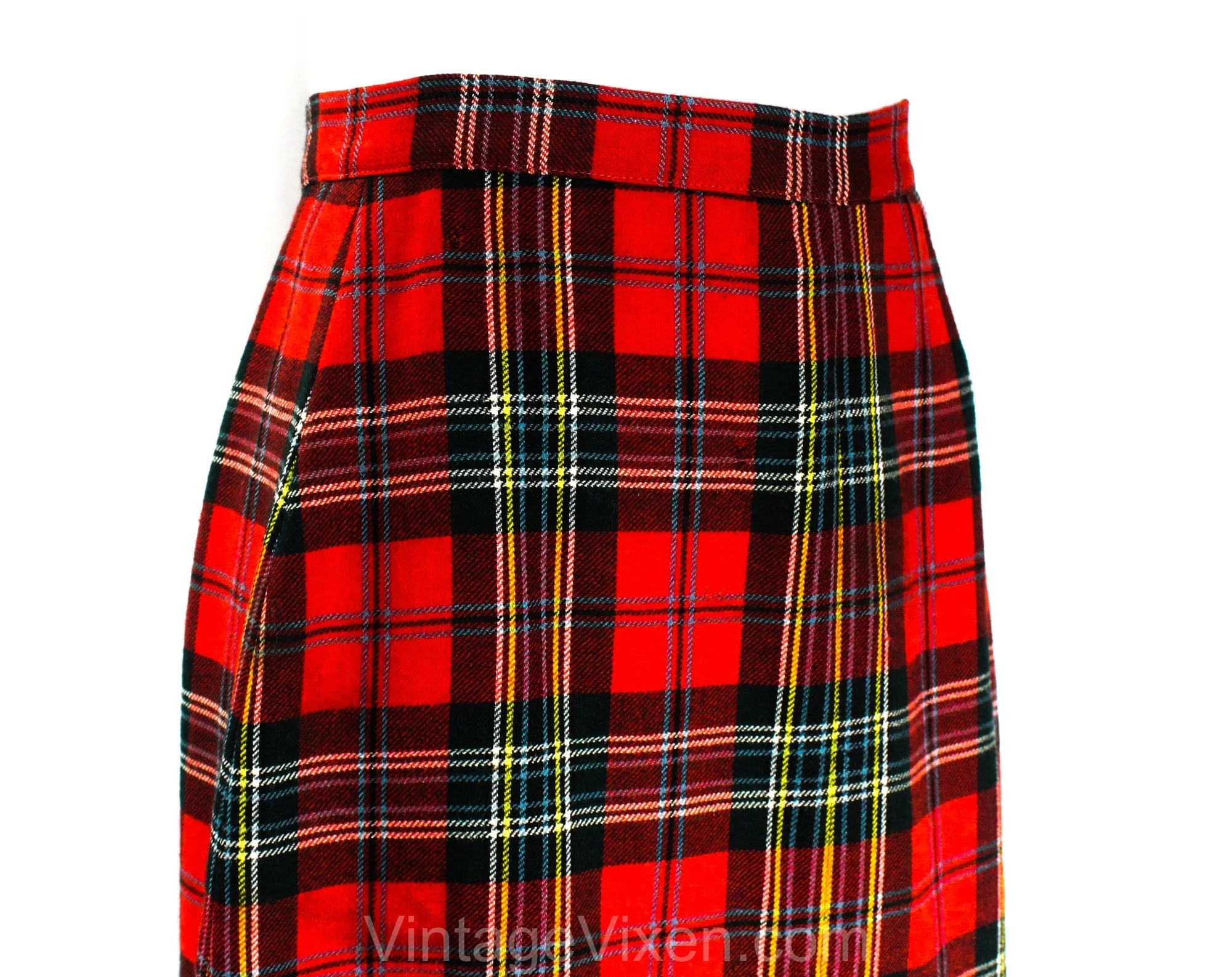 Size 8 Red Plaid Skirt - 1950s Scottish Tartan Wool Office Style - Medium 50s Fall Autumn Winter Classic - 50's Secretary Style - Waist 27