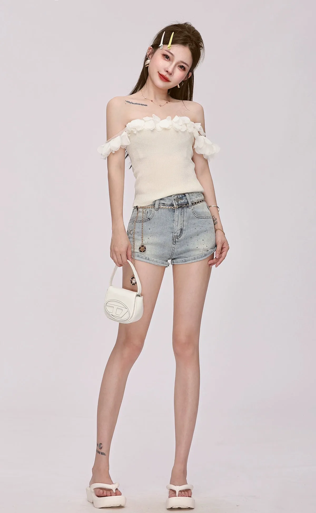 Skinny Ruffle Trim Off-Shoulder Top