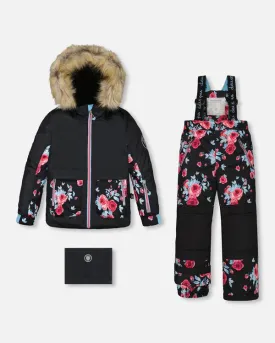 Two Piece Snowsuit Black Printed Roses