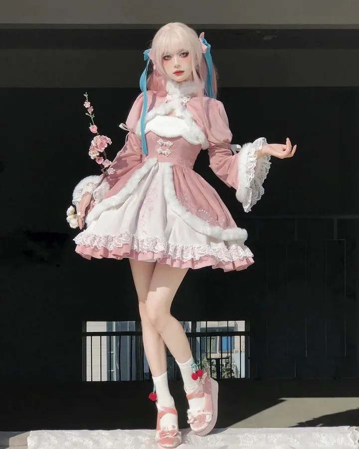 Universal Lolita Peach Blossom Winter Pink Hanfu Chinese Jacket & Strap Dress Two Piece Set