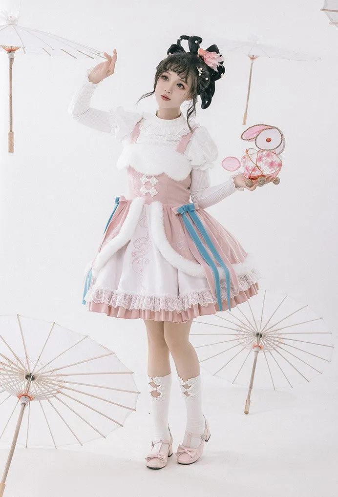 Universal Lolita Peach Blossom Winter Pink Hanfu Chinese Jacket & Strap Dress Two Piece Set