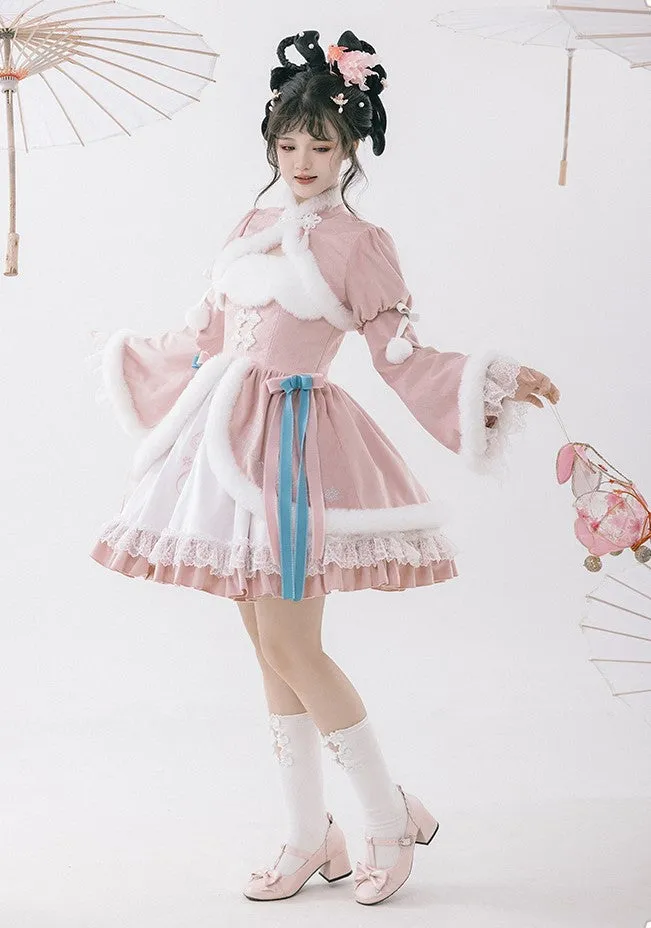 Universal Lolita Peach Blossom Winter Pink Hanfu Chinese Jacket & Strap Dress Two Piece Set