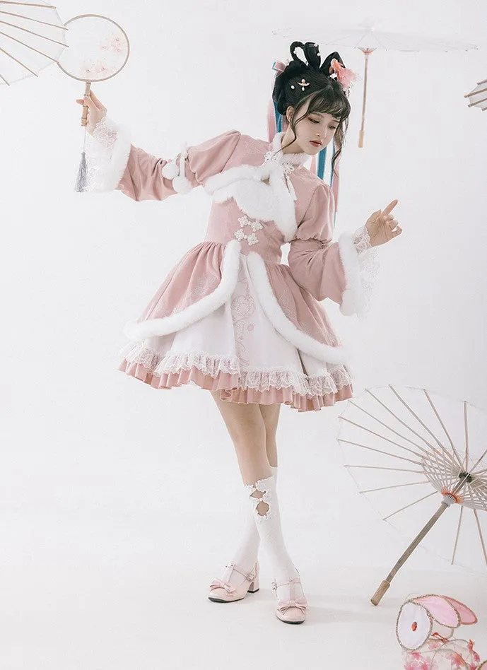 Universal Lolita Peach Blossom Winter Pink Hanfu Chinese Jacket & Strap Dress Two Piece Set