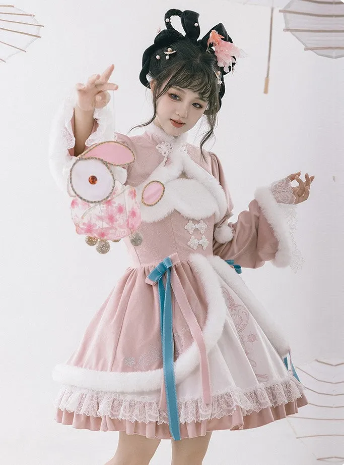 Universal Lolita Peach Blossom Winter Pink Hanfu Chinese Jacket & Strap Dress Two Piece Set