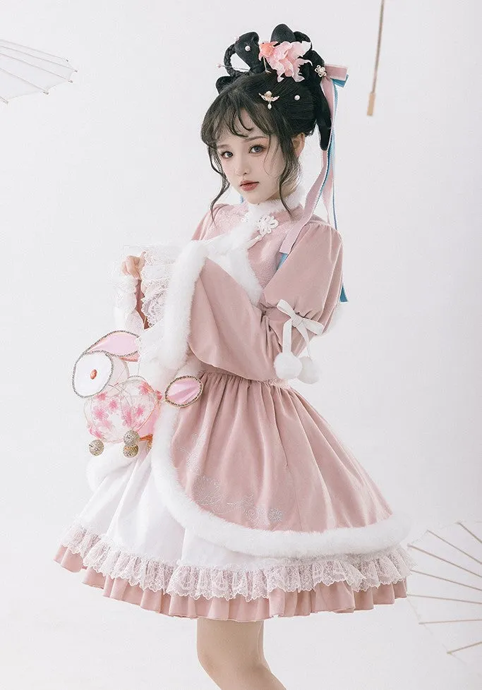 Universal Lolita Peach Blossom Winter Pink Hanfu Chinese Jacket & Strap Dress Two Piece Set