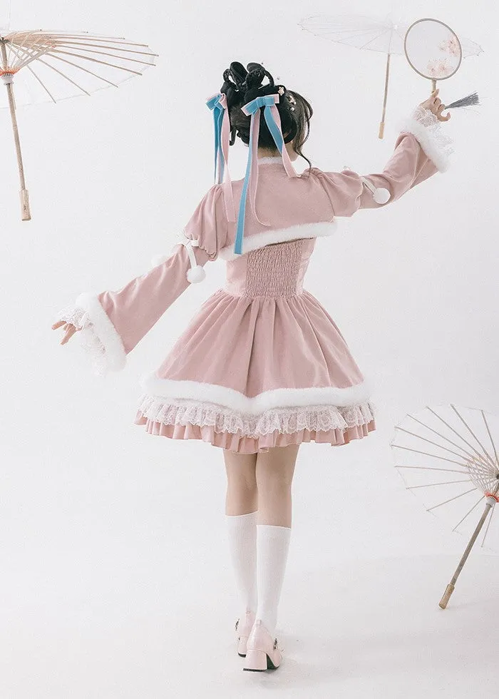 Universal Lolita Peach Blossom Winter Pink Hanfu Chinese Jacket & Strap Dress Two Piece Set
