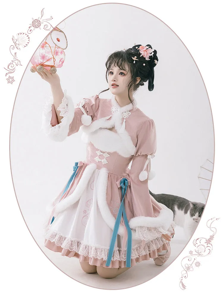 Universal Lolita Peach Blossom Winter Pink Hanfu Chinese Jacket & Strap Dress Two Piece Set