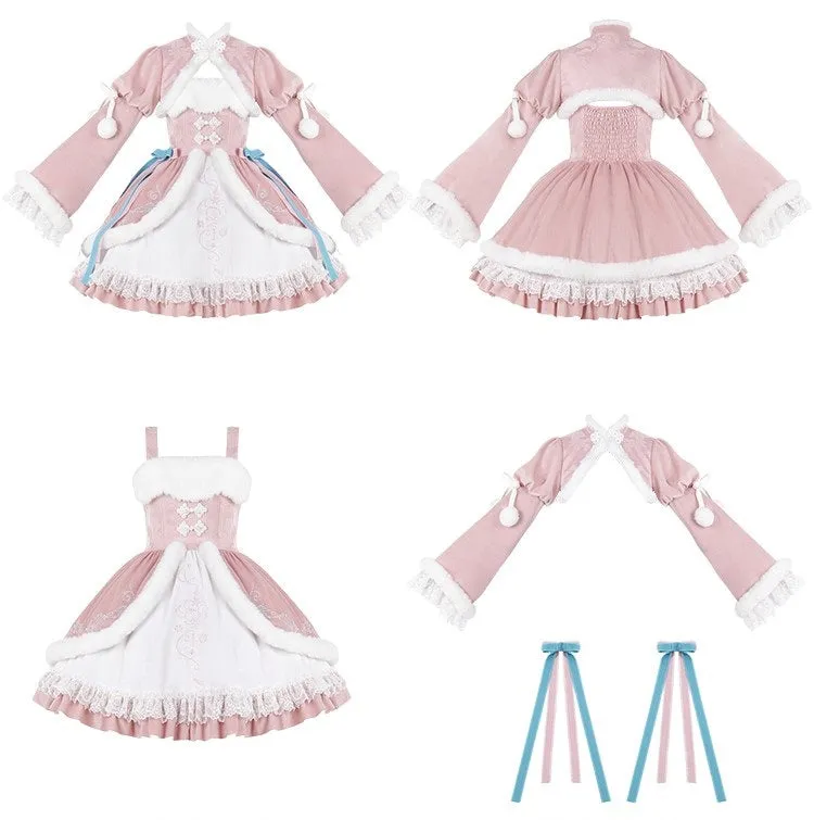 Universal Lolita Peach Blossom Winter Pink Hanfu Chinese Jacket & Strap Dress Two Piece Set