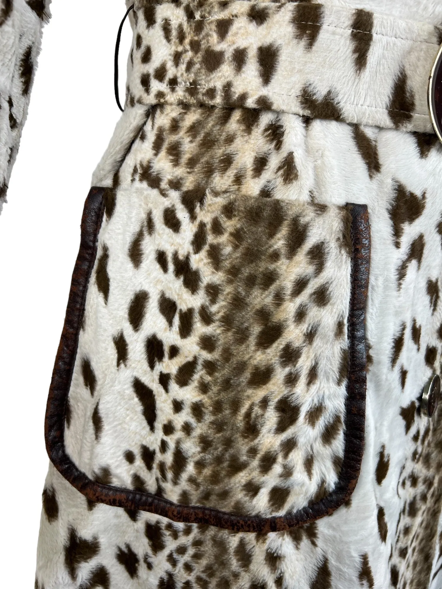 Vintage 1960s Faux Fur Print Leopard and Faux Leather Belted Coat - Size UK 10