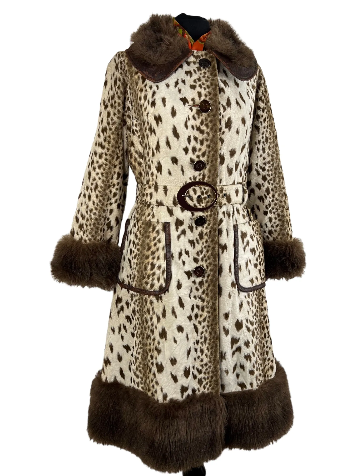 Vintage 1960s Faux Fur Print Leopard and Faux Leather Belted Coat - Size UK 10