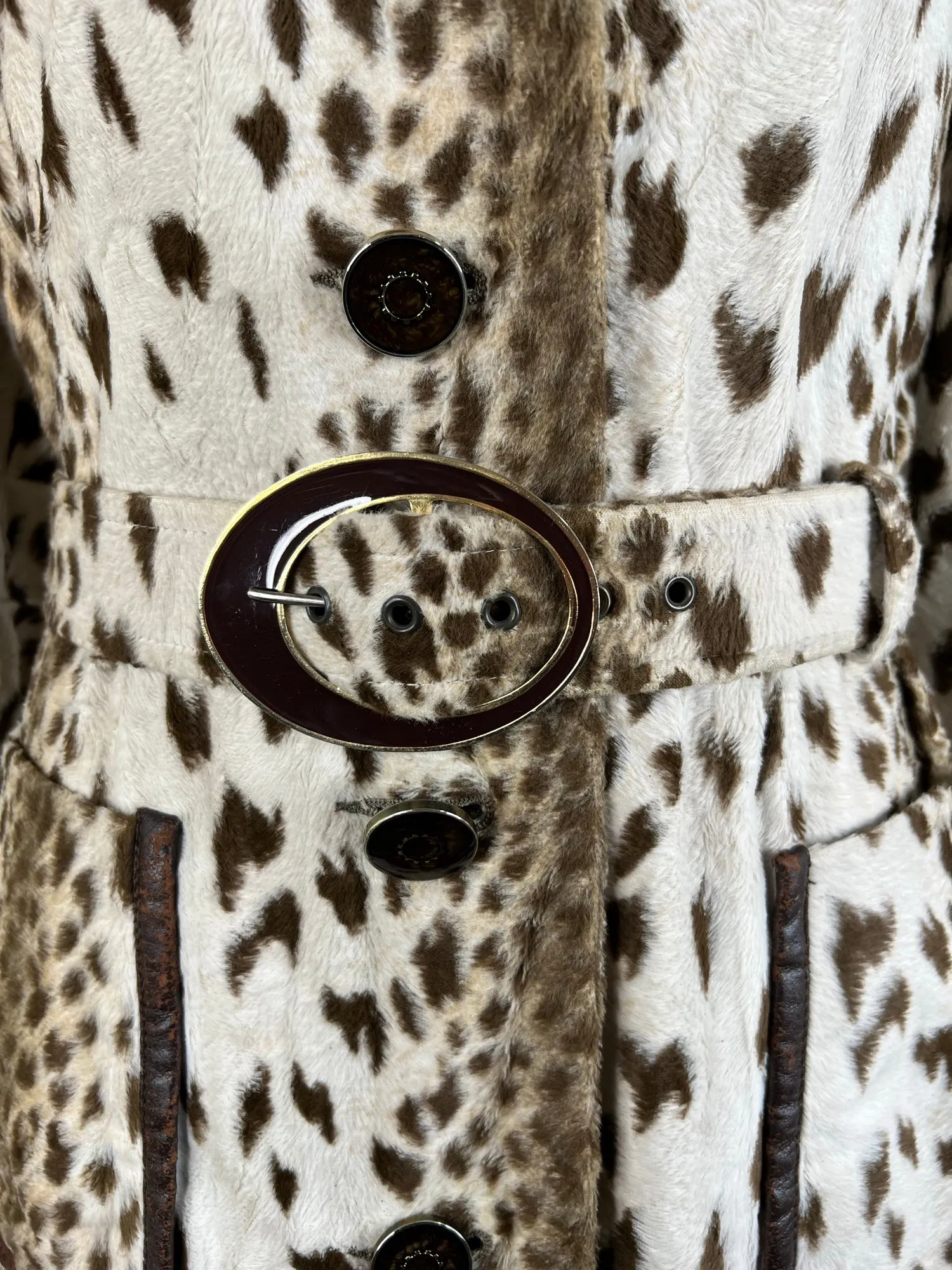 Vintage 1960s Faux Fur Print Leopard and Faux Leather Belted Coat - Size UK 10