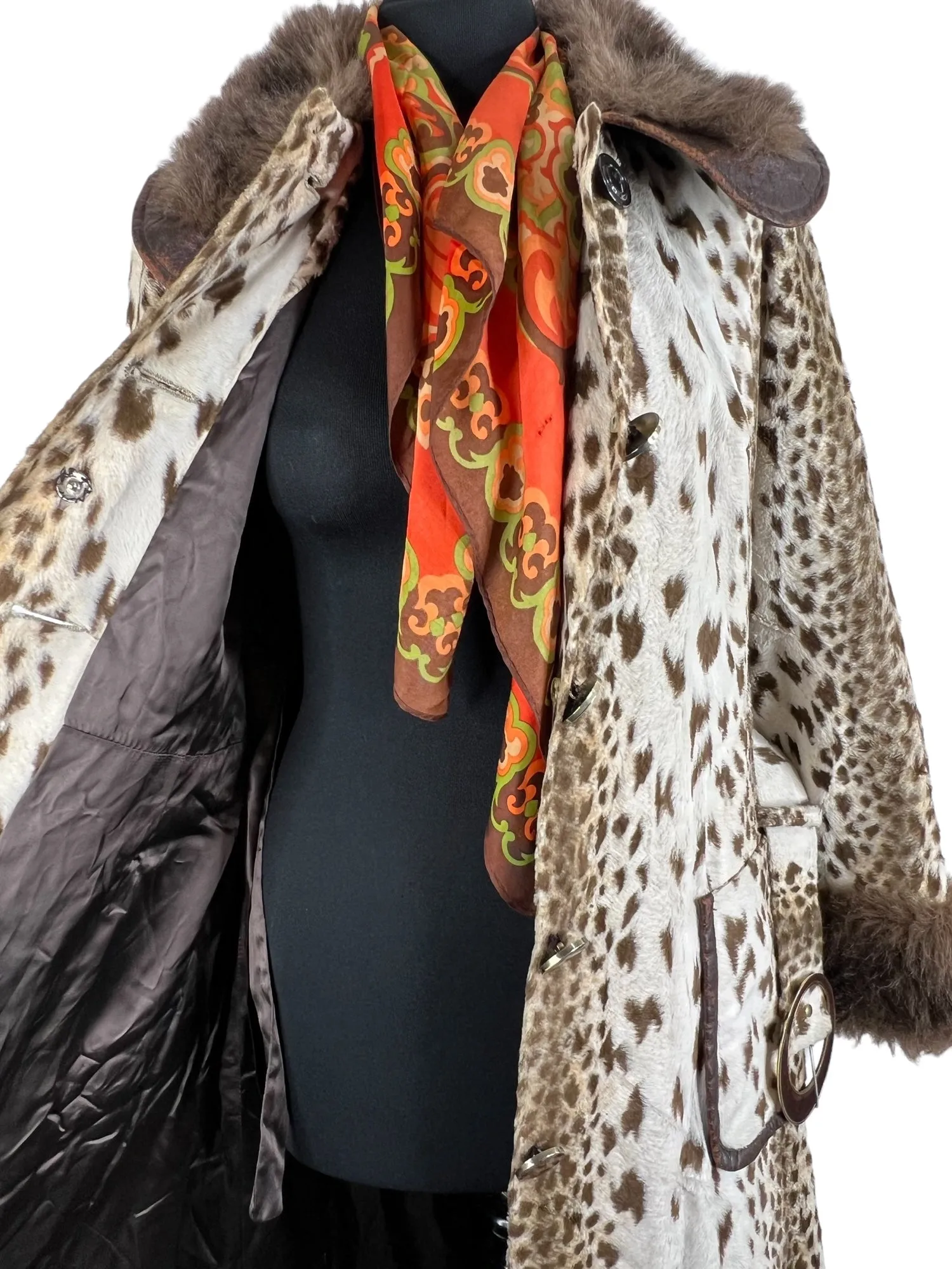 Vintage 1960s Faux Fur Print Leopard and Faux Leather Belted Coat - Size UK 10