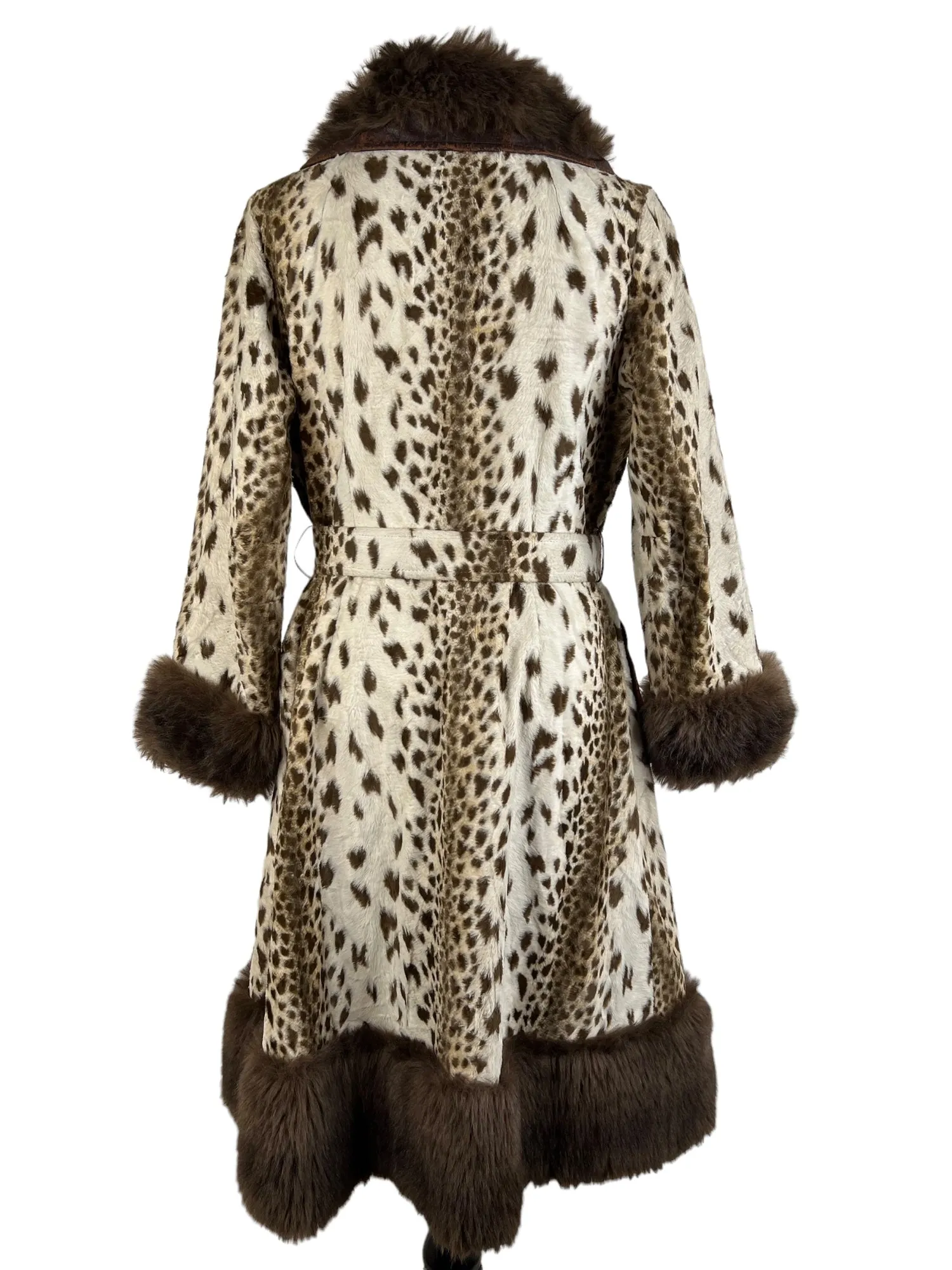 Vintage 1960s Faux Fur Print Leopard and Faux Leather Belted Coat - Size UK 10