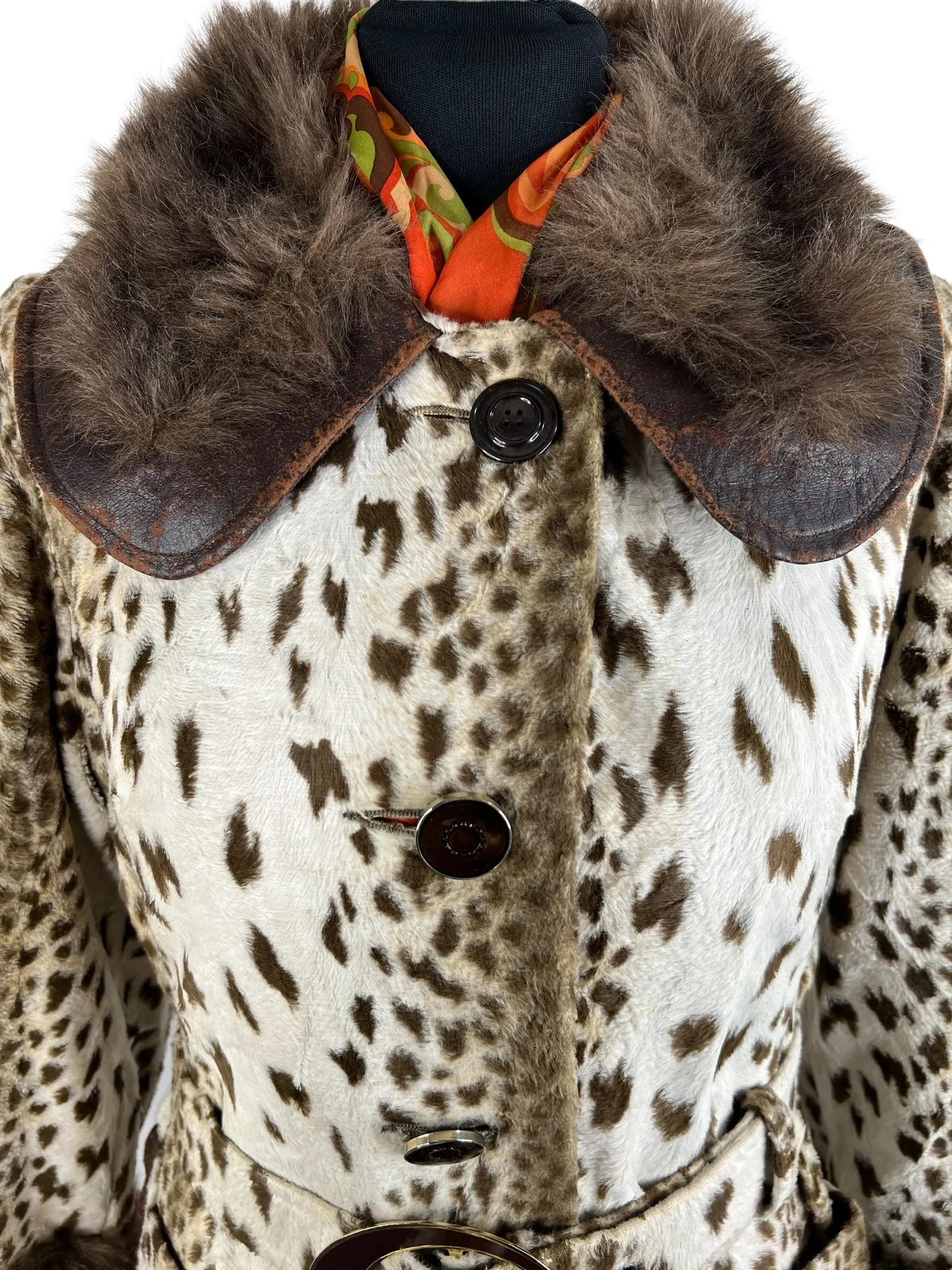 Vintage 1960s Faux Fur Print Leopard and Faux Leather Belted Coat - Size UK 10