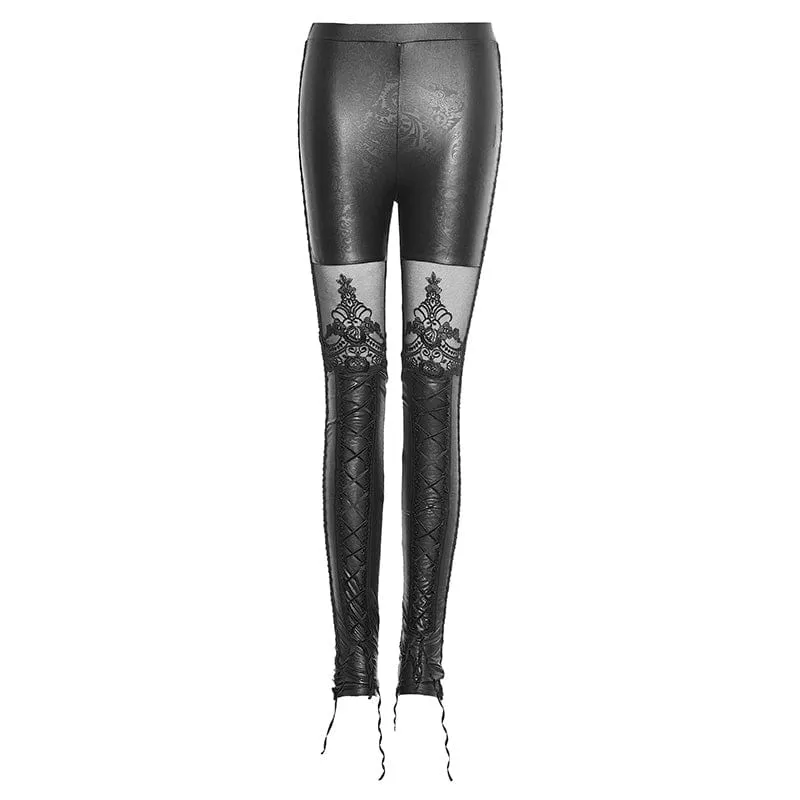 Women's Gothic Floral Crocheted Lace-up Faux Leather Leggings