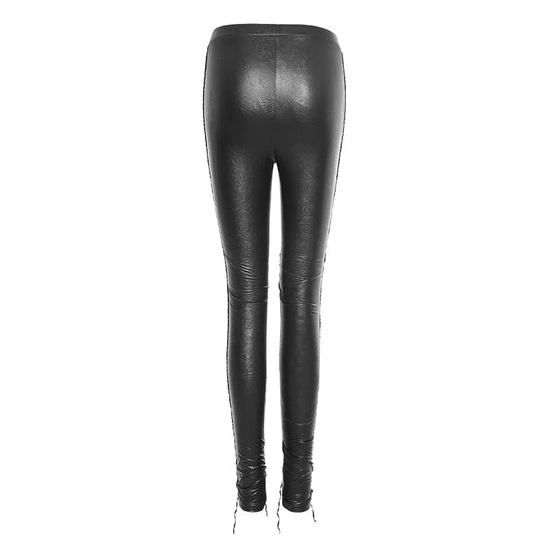 Women's Gothic Floral Crocheted Lace-up Faux Leather Leggings