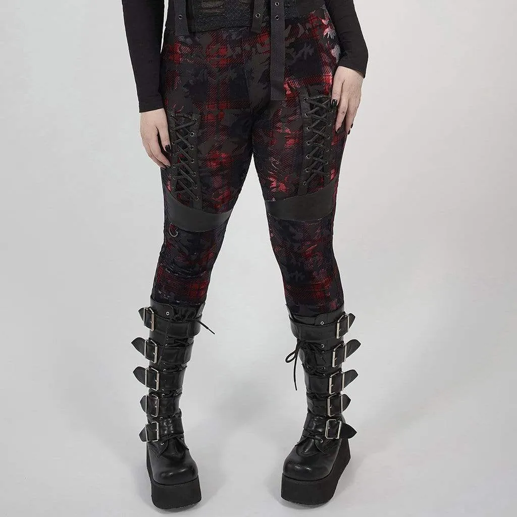 Women's Plus Size Gothic Black and Red Grungy Checked Velvet Leggings