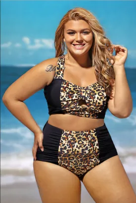 Womens Plus Size High Waist Bikini Swimsuit Leopard Print