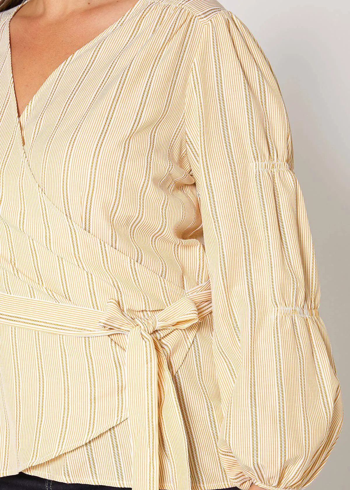 Women's Plus Size Stripe Wrap Blouse In Yellow