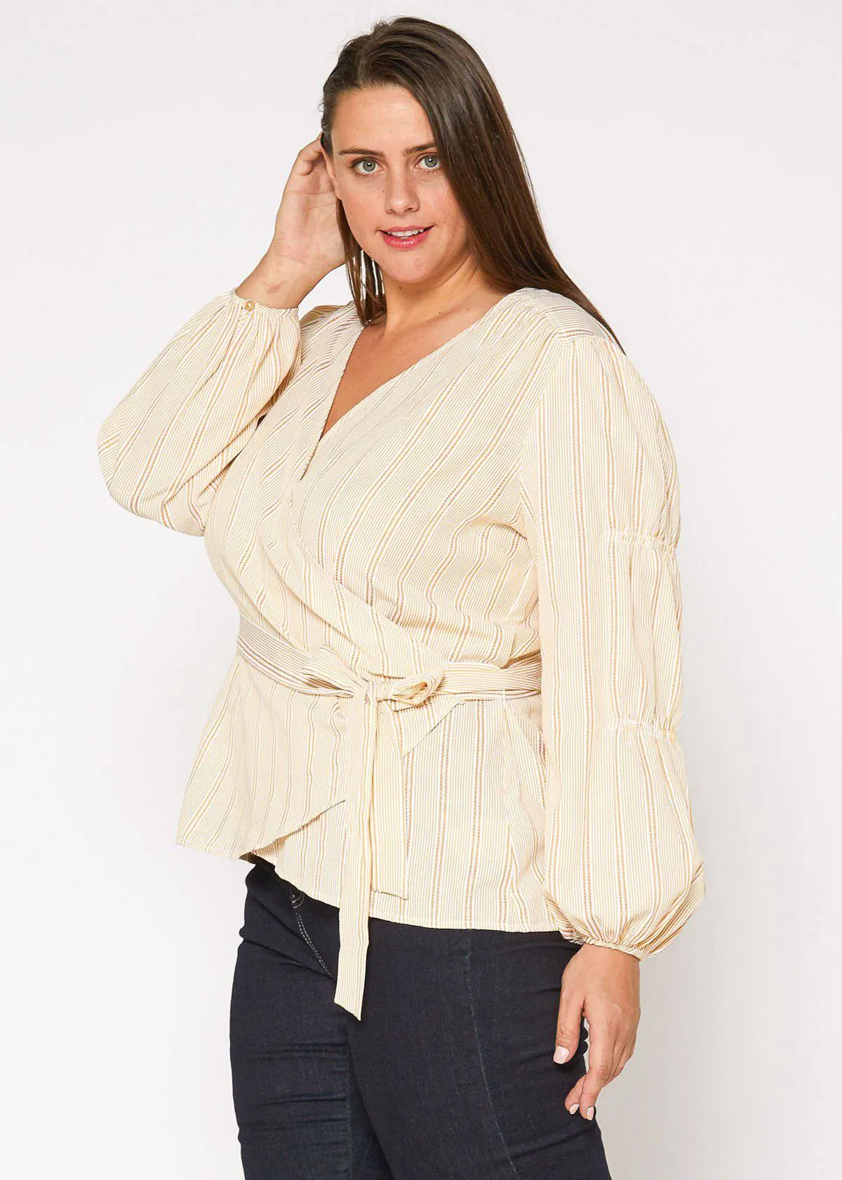 Women's Plus Size Stripe Wrap Blouse In Yellow
