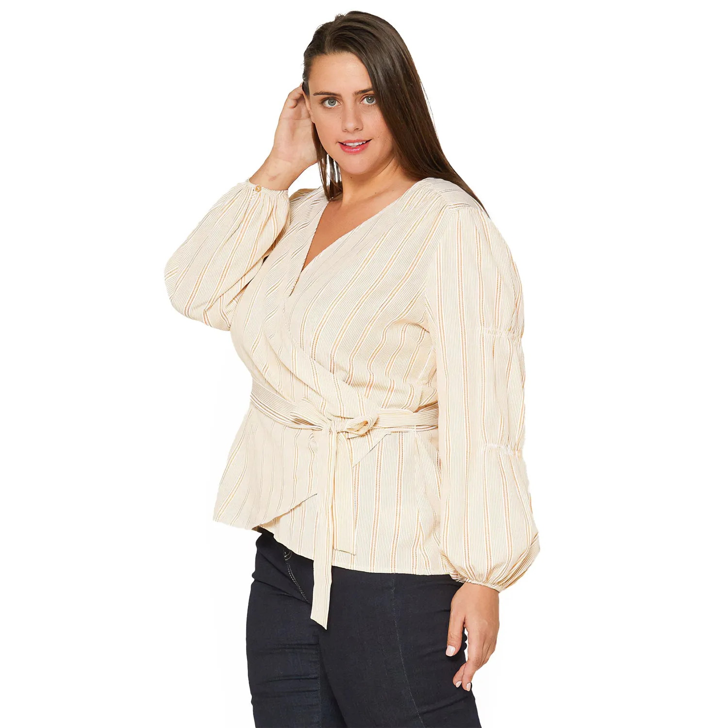Women's Plus Size Stripe Wrap Blouse In Yellow