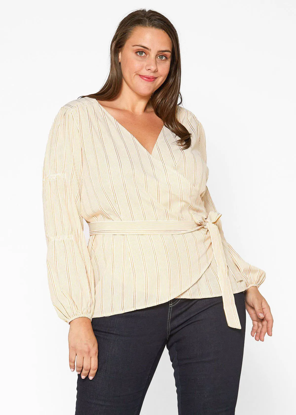 Women's Plus Size Stripe Wrap Blouse In Yellow
