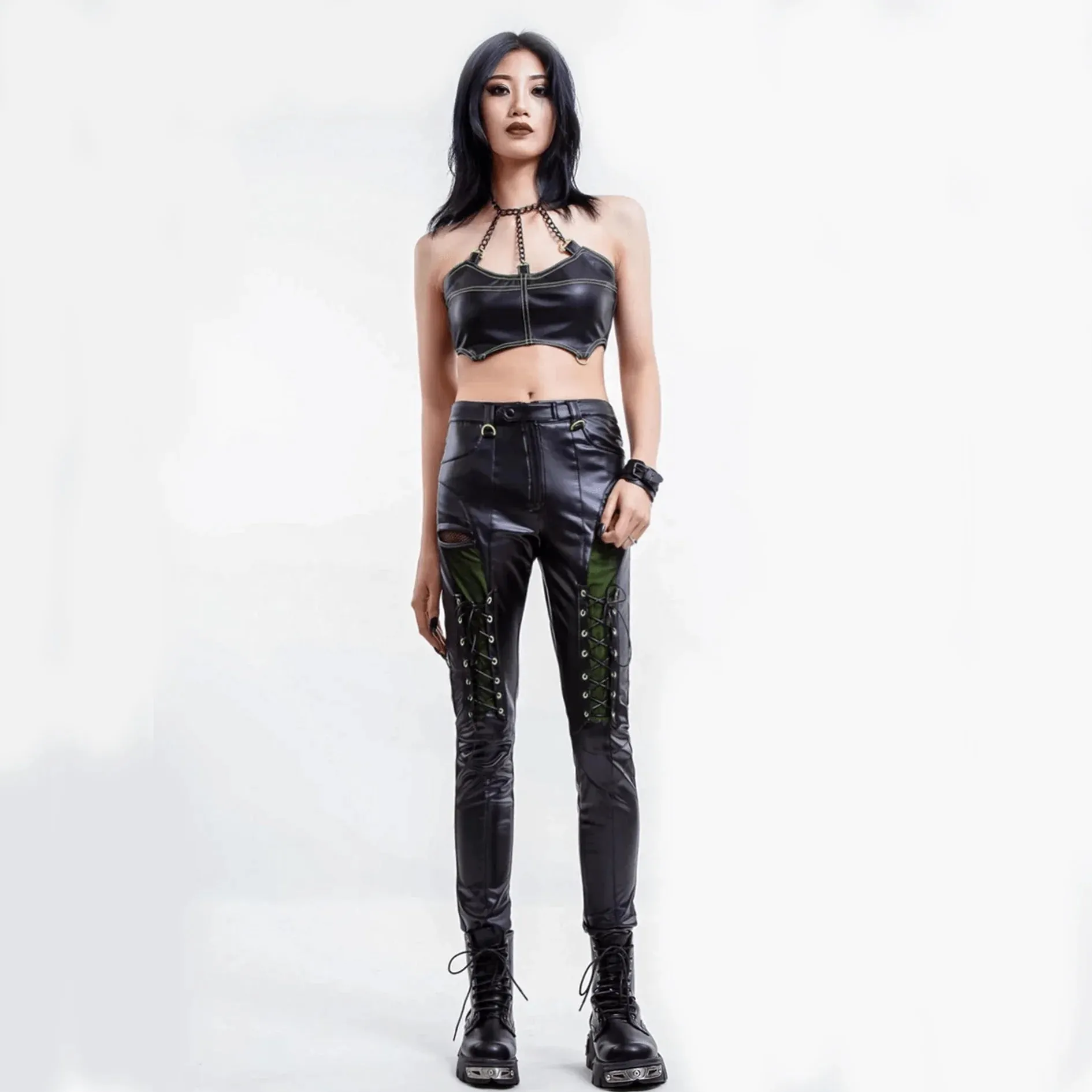 Women's Punk Contrast Color Faux Leather Leggings