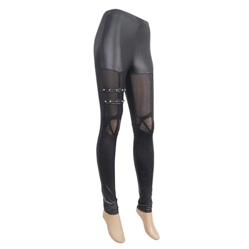 Women's Punk Faux Leather Net & Strap Leggings