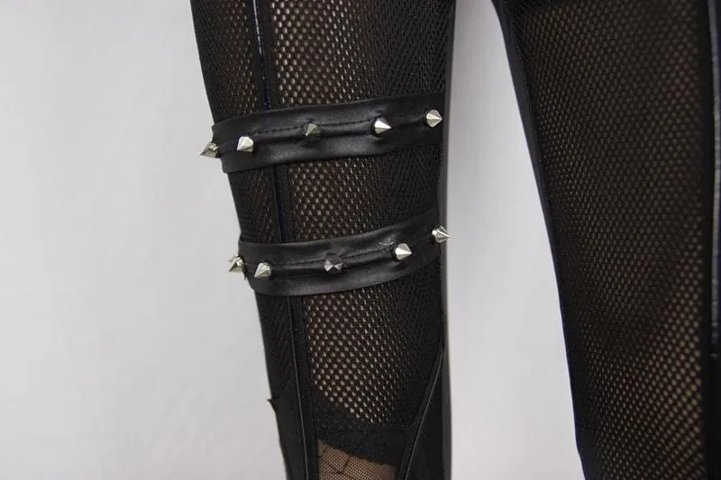 Women's Punk Faux Leather Net & Strap Leggings