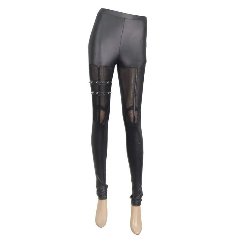 Women's Punk Faux Leather Net & Strap Leggings