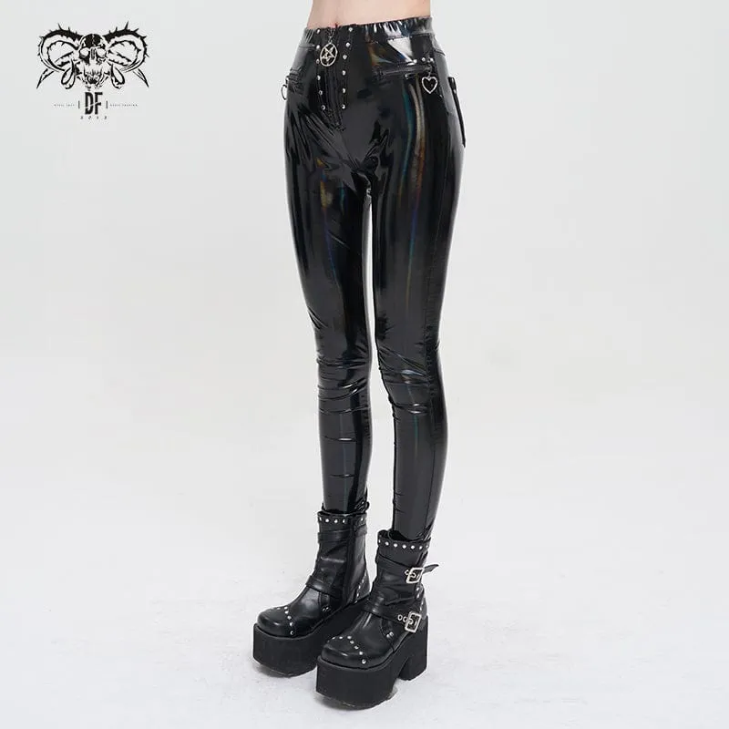 Women's Punk Faux Patent Leather Star Zipper Leggings