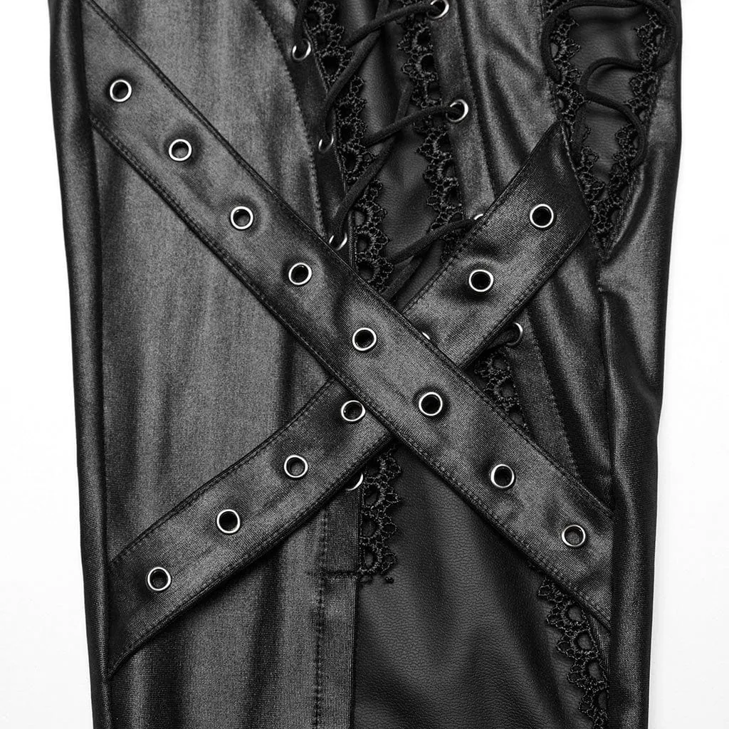 Women's Punk Lace-up Lace Splice Faux Leather Leggings