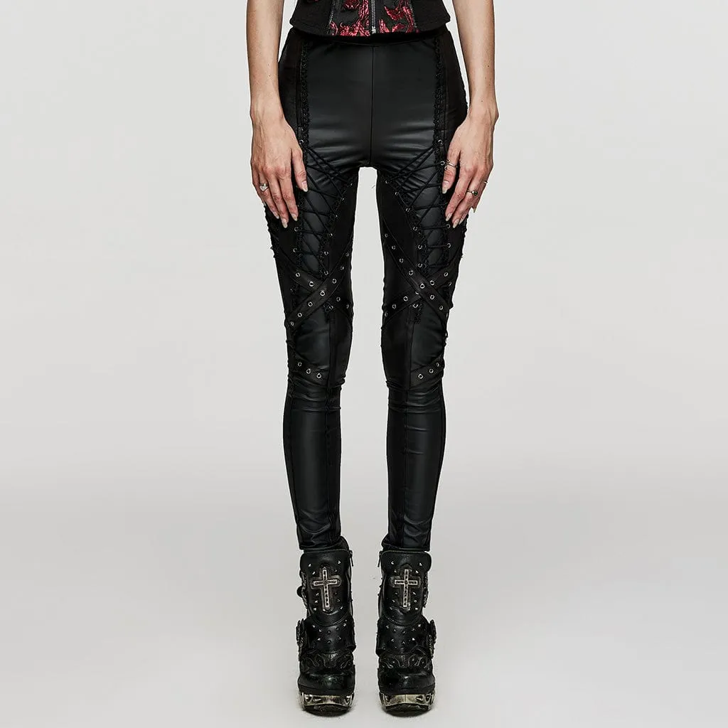 Women's Punk Lace-up Lace Splice Faux Leather Leggings