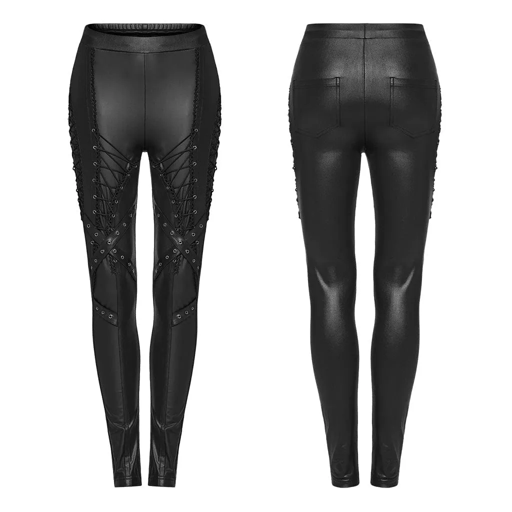 Women's Punk Lace-up Lace Splice Faux Leather Leggings