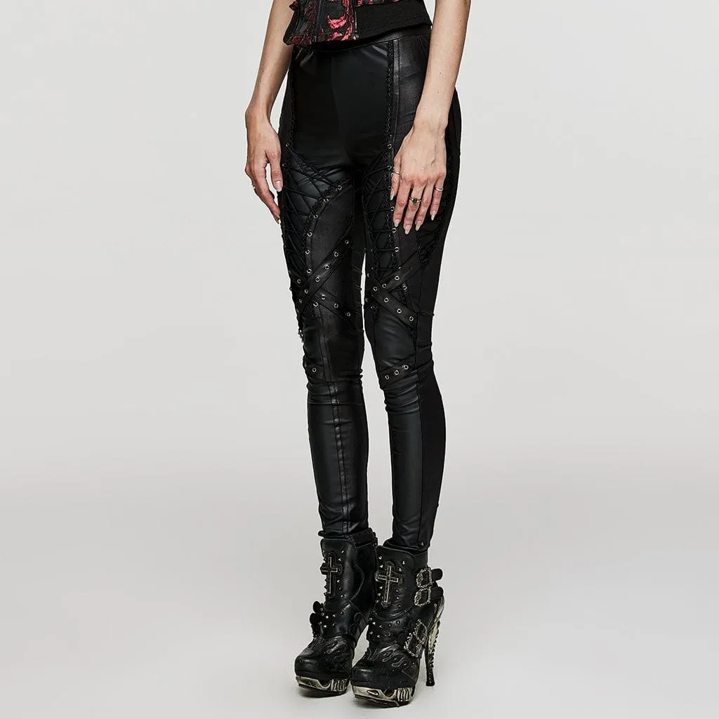 Women's Punk Lace-up Lace Splice Faux Leather Leggings