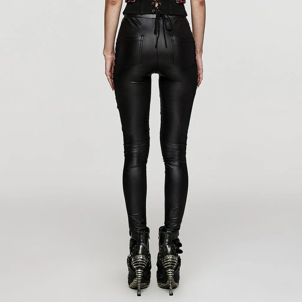 Women's Punk Lace-up Lace Splice Faux Leather Leggings