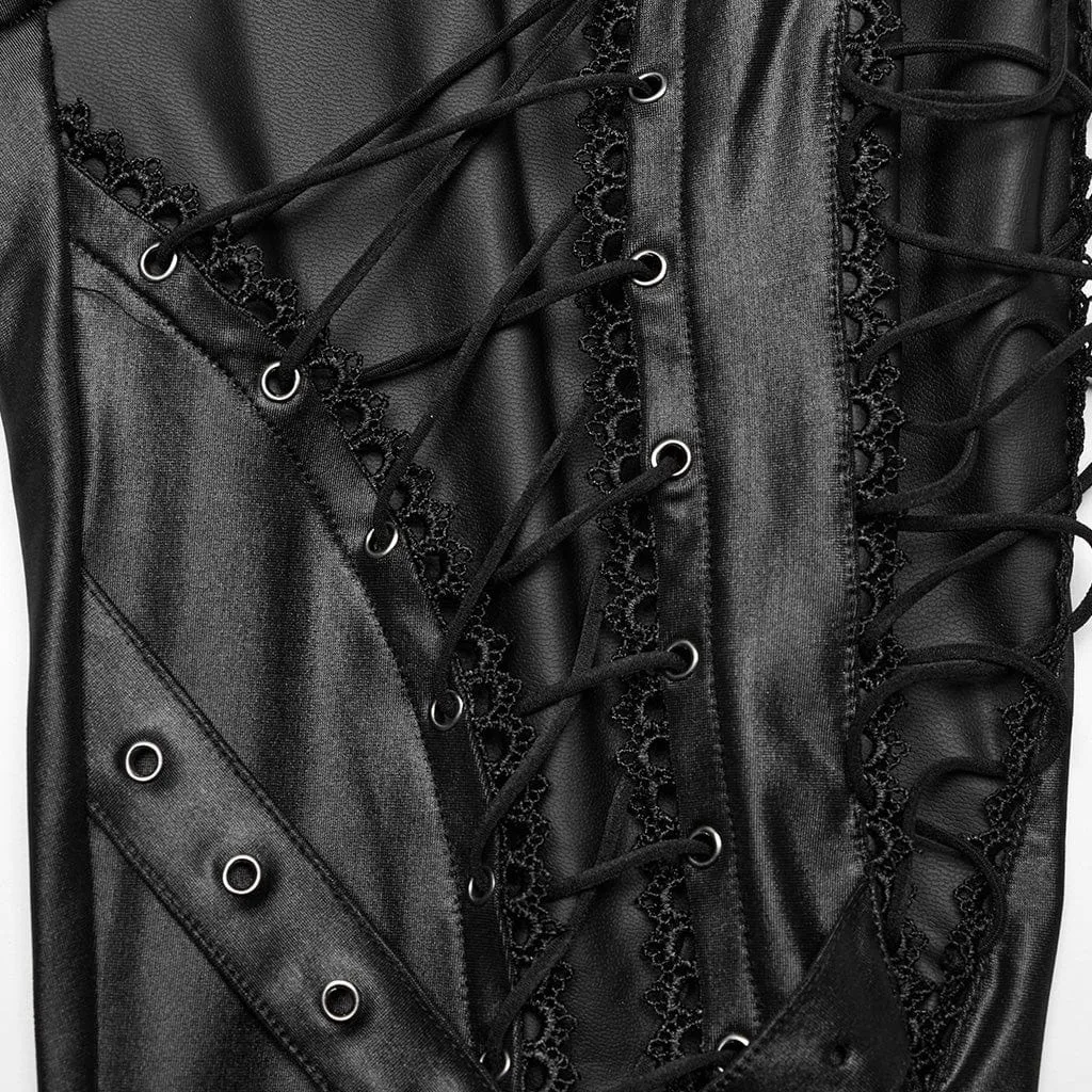 Women's Punk Lace-up Lace Splice Faux Leather Leggings