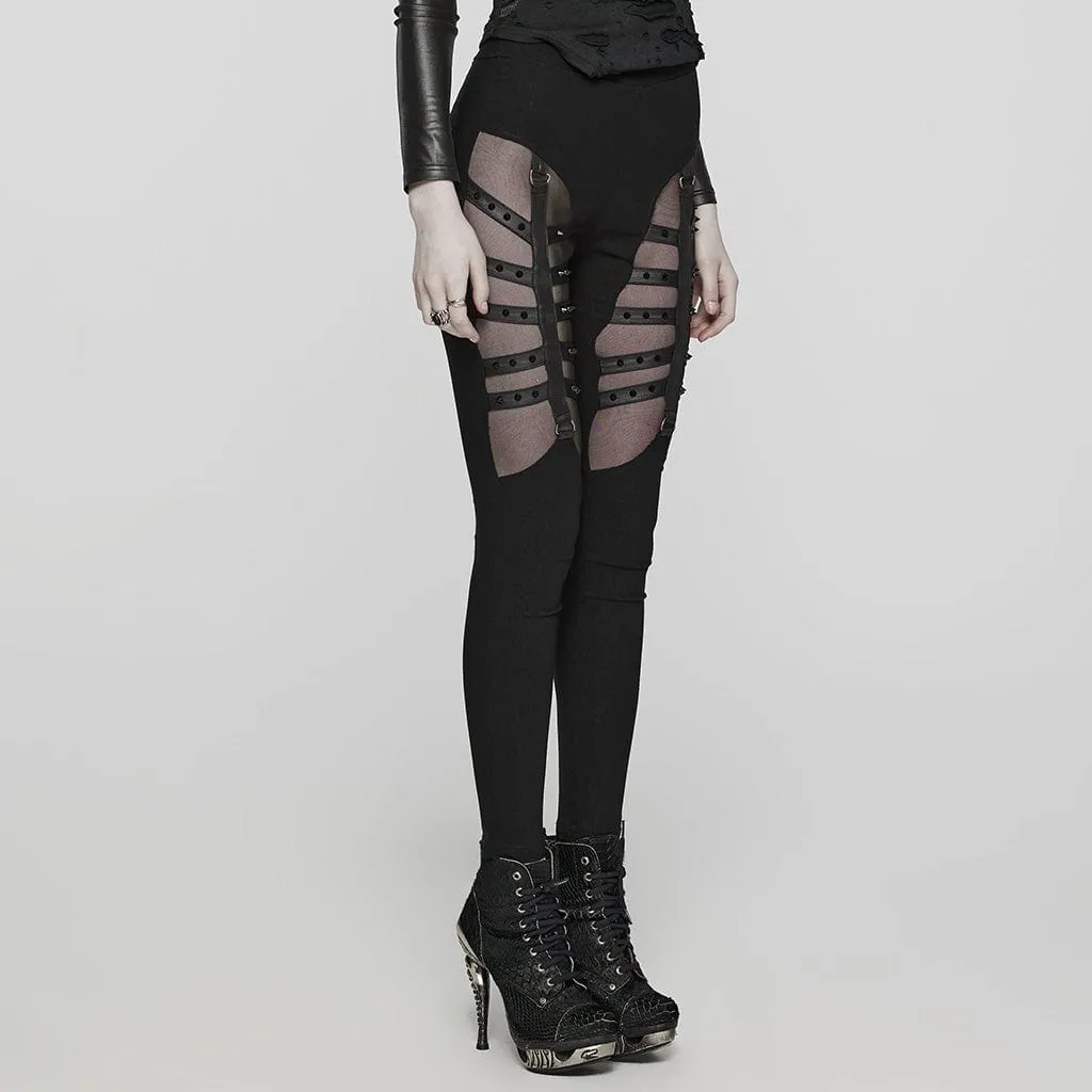 Women's Punk Mesh Strappy Stud Leggings