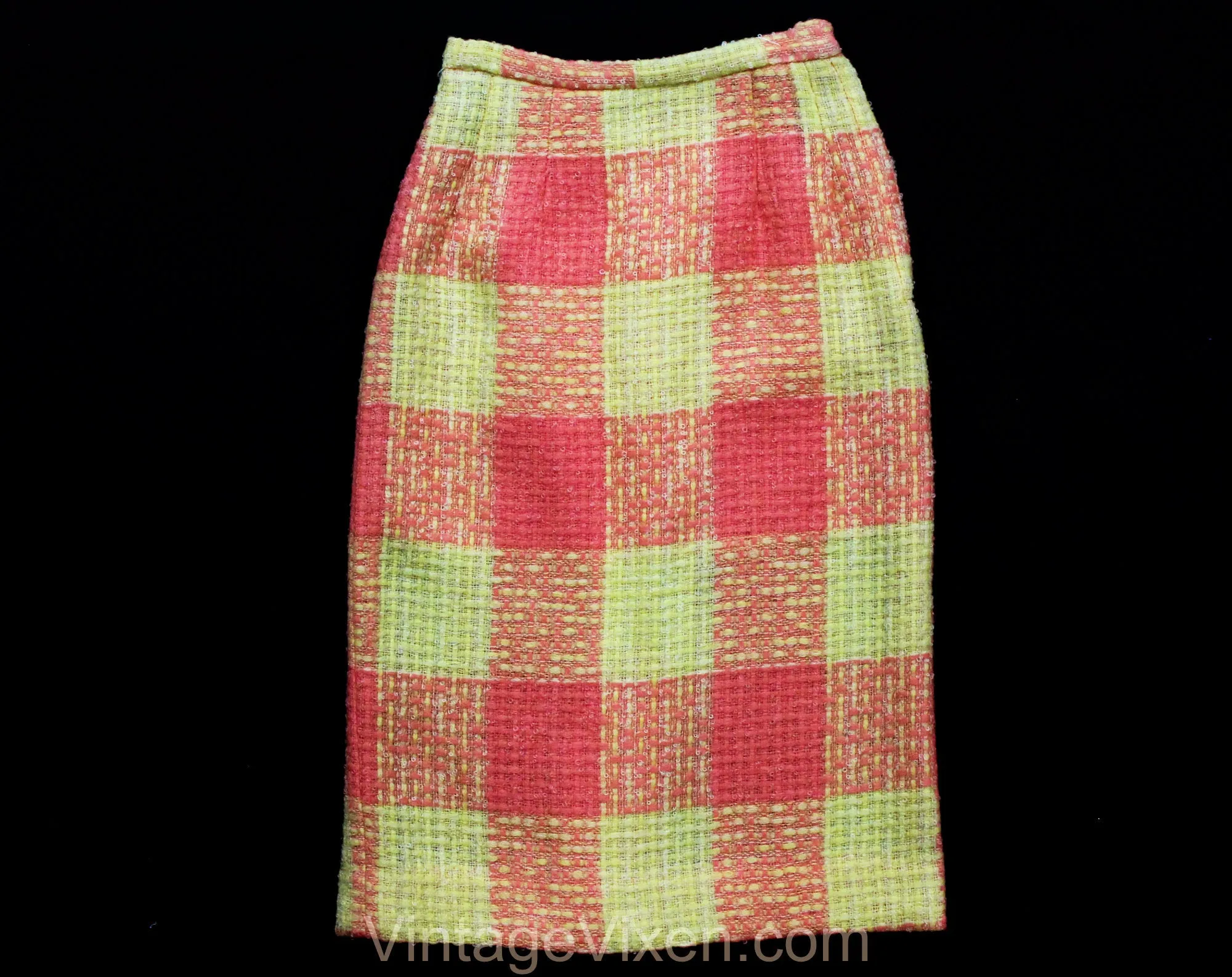 XXXS 60s Boucle Tweed Pencil Skirt - Melon Orange & Yellow Wool - 1960s Office Secretary - less than Size 000 - Waist 21.5 - NWT Deadstock