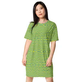 Yellow Blue Wavy T-shirt Dress, Waves Abstract Print Women's Short Sleeves Dress-Made in USA/EU/MX