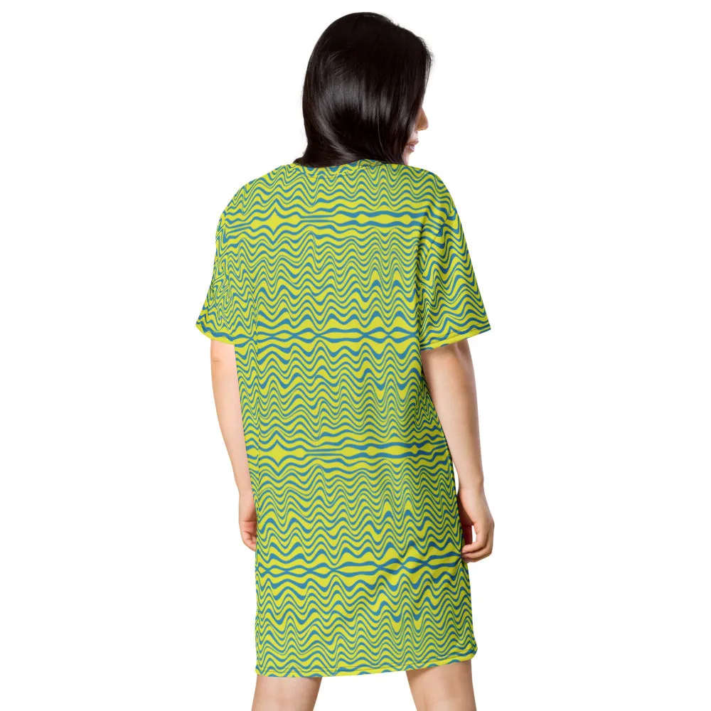 Yellow Blue Wavy T-shirt Dress, Waves Abstract Print Women's Short Sleeves Dress-Made in USA/EU/MX